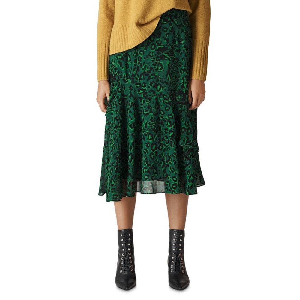 Whistles Green Leopard Print Skirt